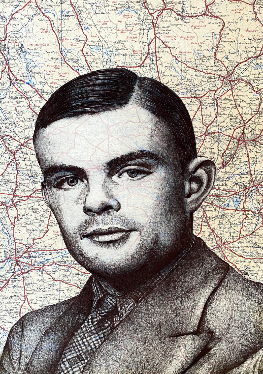 Alan Turing Inspired Portrait. Original Pen Drawing Over Map Of Manchester. A4. Unframed