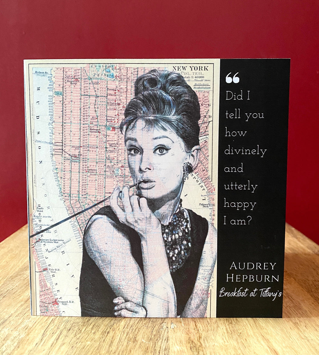 Audrey Hepburn inspired greeting card. Pen drawing over map of New York. Blank