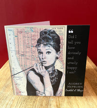 Load image into Gallery viewer, Audrey Hepburn inspired greeting card. Pen drawing over map of New York. Blank
