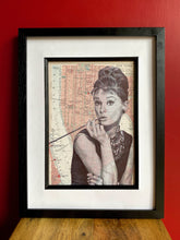 Load image into Gallery viewer, Audrey Hepburn Inspired Art Print. Pen drawing over map of New York. A4. Unframed
