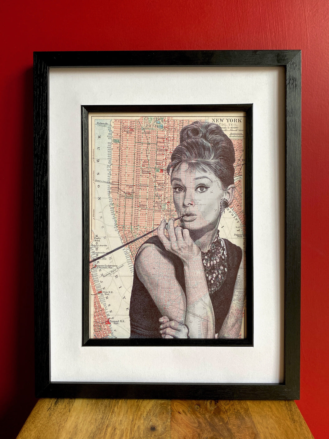 Audrey Hepburn Inspired Art Print. Pen drawing over map of New York. A4. Unframed