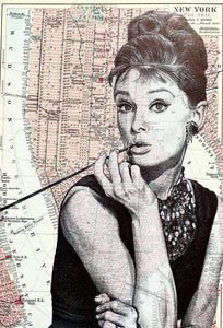 Audrey Hepburn Inspired Art Print. Pen drawing over map of New York. A4. Unframed