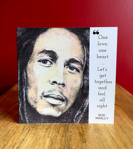 Bob Marley Greeting Card. Printed drawing over map of Jamaica. Blank Inside