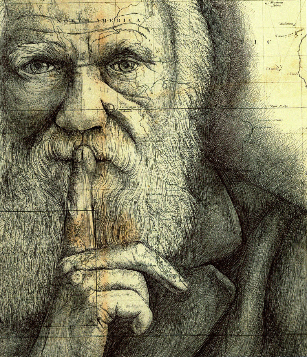 Charles Darwin Art Print. Pen Drawing Over Map.20x25cm.Unframed
