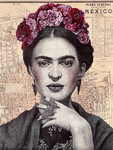 Frida Kahlo inspired Art Print. Drawing over Map New Mexico. A4 Unframed