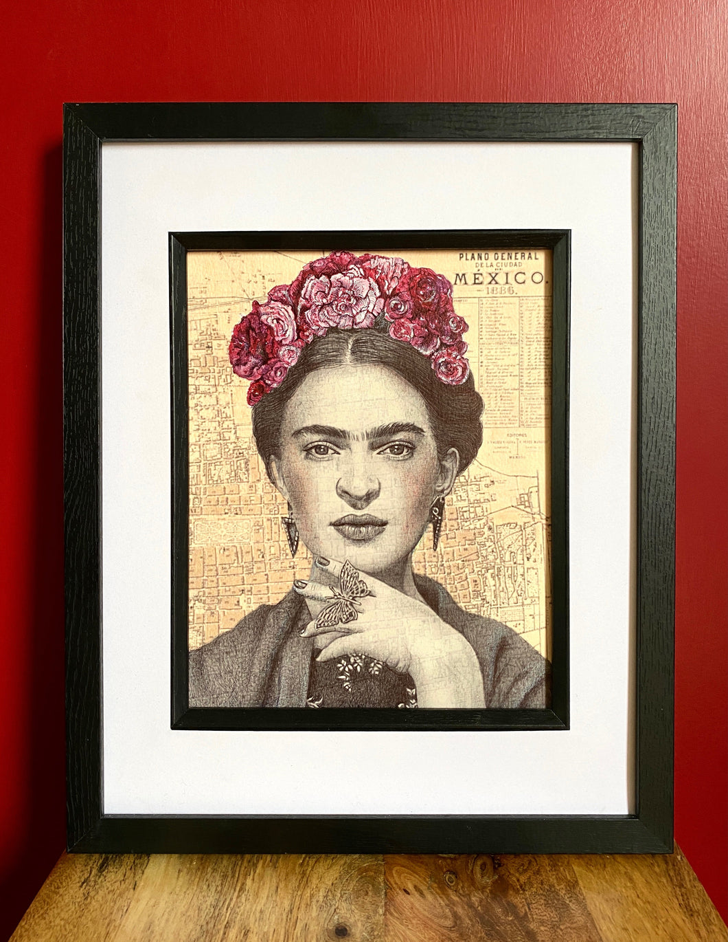 Frida Kahlo inspired Art Print. Drawing over Map New Mexico. A4 Unframed