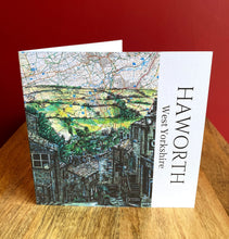 Load image into Gallery viewer, Haworth Village Greeting Card. Printed drawing over map. Blank inside
