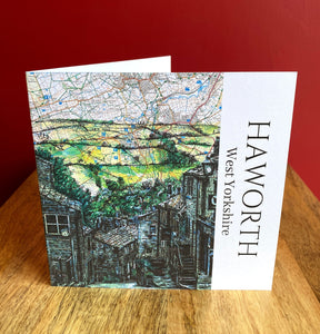 Haworth Village Greeting Card. Printed drawing over map. Blank inside
