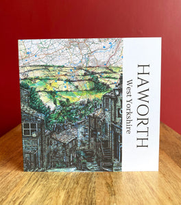 Haworth Village Greeting Card. Printed drawing over map. Blank inside
