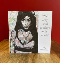 Load image into Gallery viewer, Amy Winehouse greeting card over map of Camden

