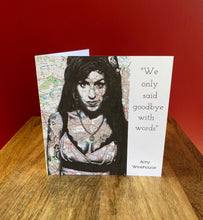 Load image into Gallery viewer, Amy Winehouse Inspired Greeting Card. Printed drawing over map of North London. Blank inside.
