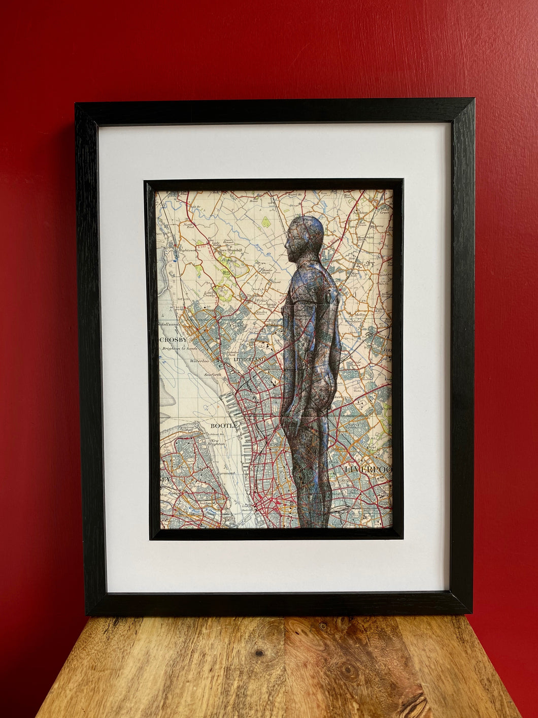 Iron Men/ Another Place Inspired Art Print. Pen drawing over map of Liverpool.A4  Unframed