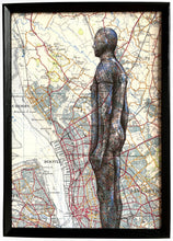 Load image into Gallery viewer, Iron Men/ Another Place Inspired Art Print. Pen drawing over map of Liverpool.A4  Unframed
