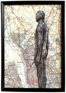 Iron Men/ Another Place Inspired Art Print. Pen drawing over map of Liverpool.A4  Unframed