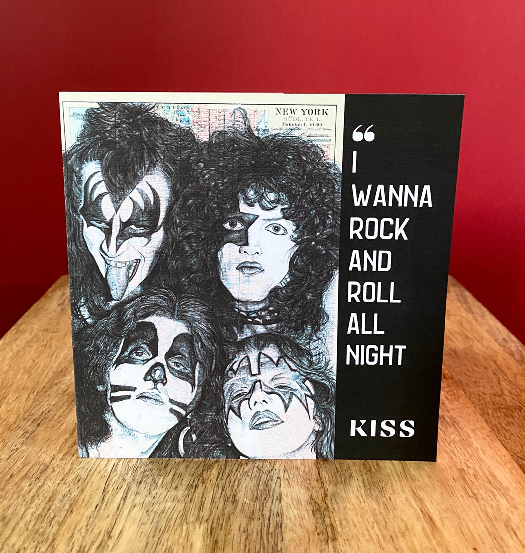 KISS Greeting/Birthday card. Printed drawing over map. Blank inside