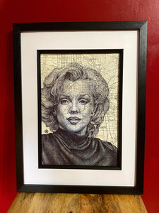 Marilyn Monroe Art Print. Pen drawing over a map of Los Angeles. A4 Unframed