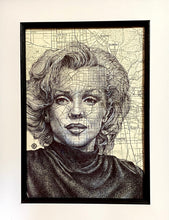 Load image into Gallery viewer, Marilyn Monroe Art Print. Pen drawing over a map of Los Angeles. A4 Unframed
