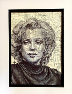 Marilyn Monroe Art Print. Pen drawing over a map of Los Angeles. A4 Unframed