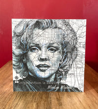 Load image into Gallery viewer, Marilyn Monroe Greeting Card. Printed drawing over map of Los Angeles. Blank inside
