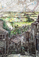 Load image into Gallery viewer, Haworth, West Yorkshire Art Print. Pen and watercolour over map. A4 Unframed
