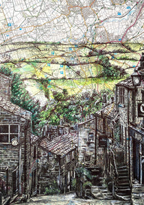 Haworth, West Yorkshire Art Print. Pen and watercolour over map. A4 Unframed