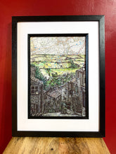 Load image into Gallery viewer, Haworth, West Yorkshire Art Print. Pen and watercolour over map. A4 Unframed
