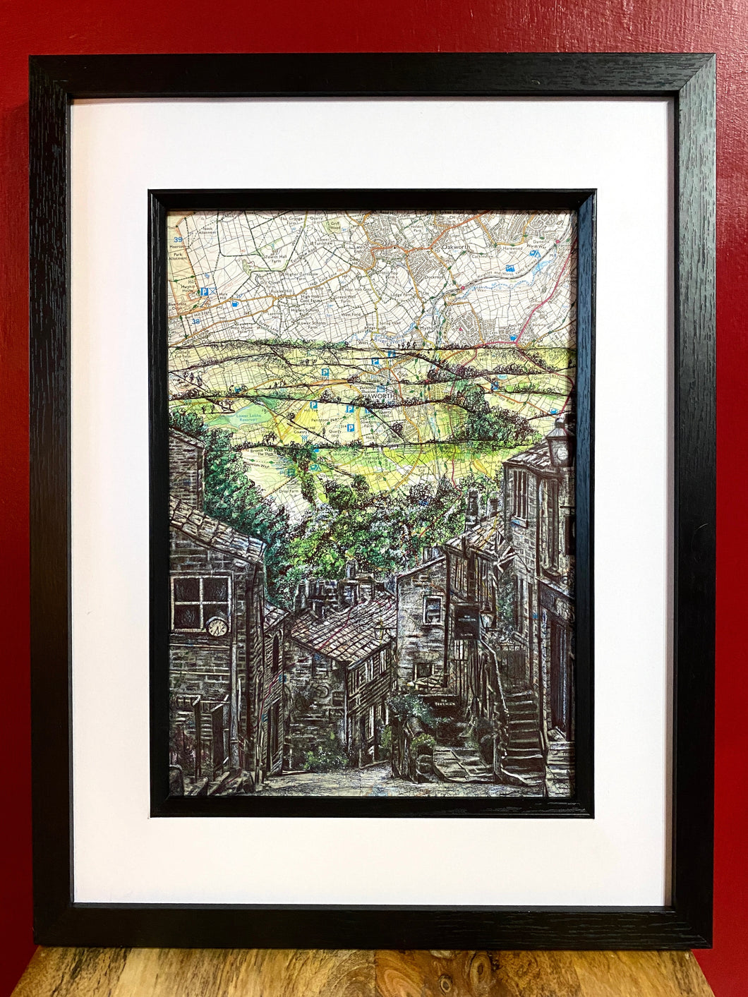 Haworth, West Yorkshire Art Print. Pen and watercolour over map. A4 Unframed