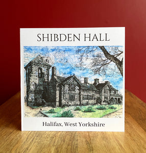 Shibden Hall Greeting Card. Printed artwork over map of Halifax. Blank inside