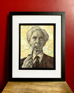 Bertrand Russell Portrait. Original pen drawing over map of Monmouthshire. 19x27cm. Unframed