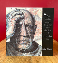 Load image into Gallery viewer, Pablo Picasso Greeting Card. Printed drawing over map of Malaga. Blank inside
