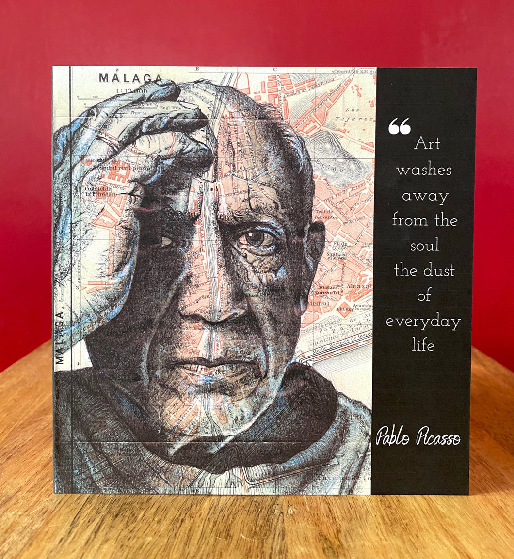 Pablo Picasso Greeting Card. Printed drawing over map of Malaga. Blank inside