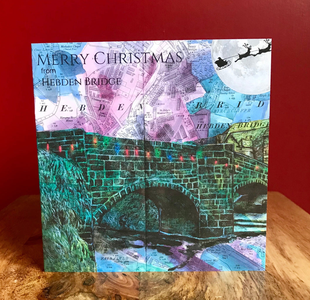 Hebden Bridge Packhorse Bridge Christmas Card. Pen Drawing Over Map. Blank