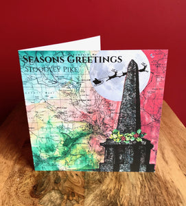 Stoodley Pike Christmas Card. Pen Drawing Over Map Todmorden Hebden Bridge . Blank