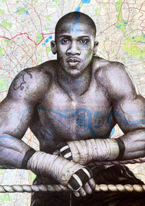 Anthony Joshua Inspired Portrait. Original Pen Drawing Over Map. A4. Unframed