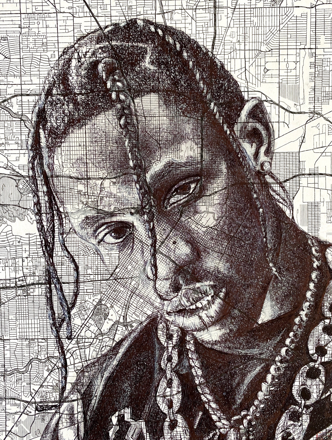 Travis Scott Inspired Portrait. Original Pen Drawing Over Map of Houston. Unframed