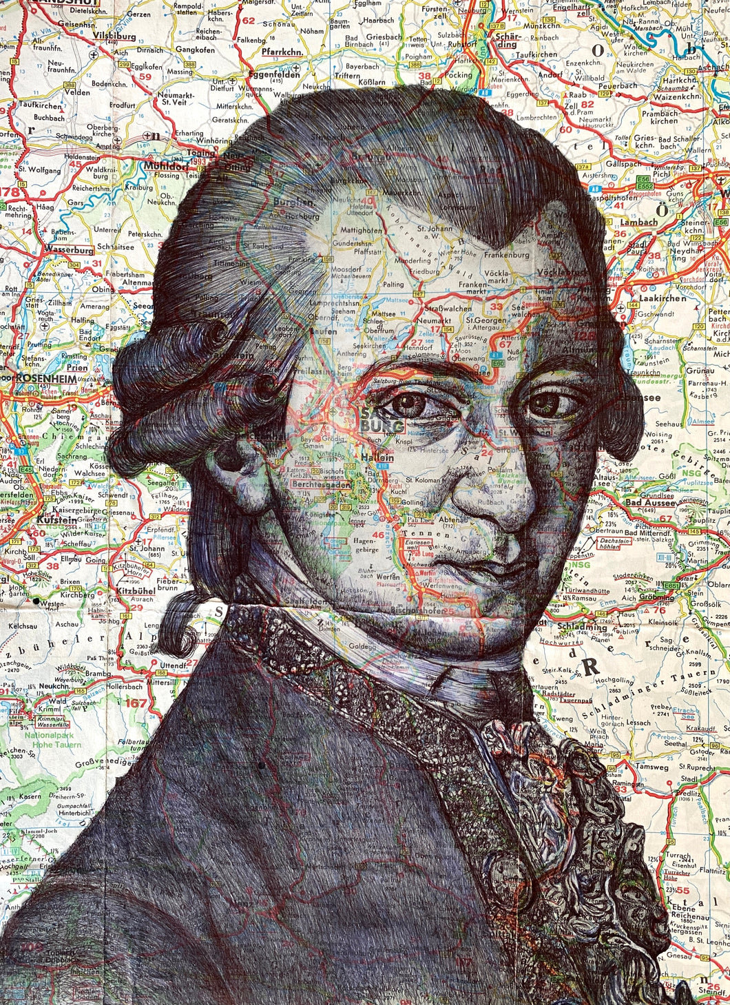 Wolfgang Amadeus Mozart Portrait. Original Pen Drawing Over Map of Salzburg. A4. Unframed