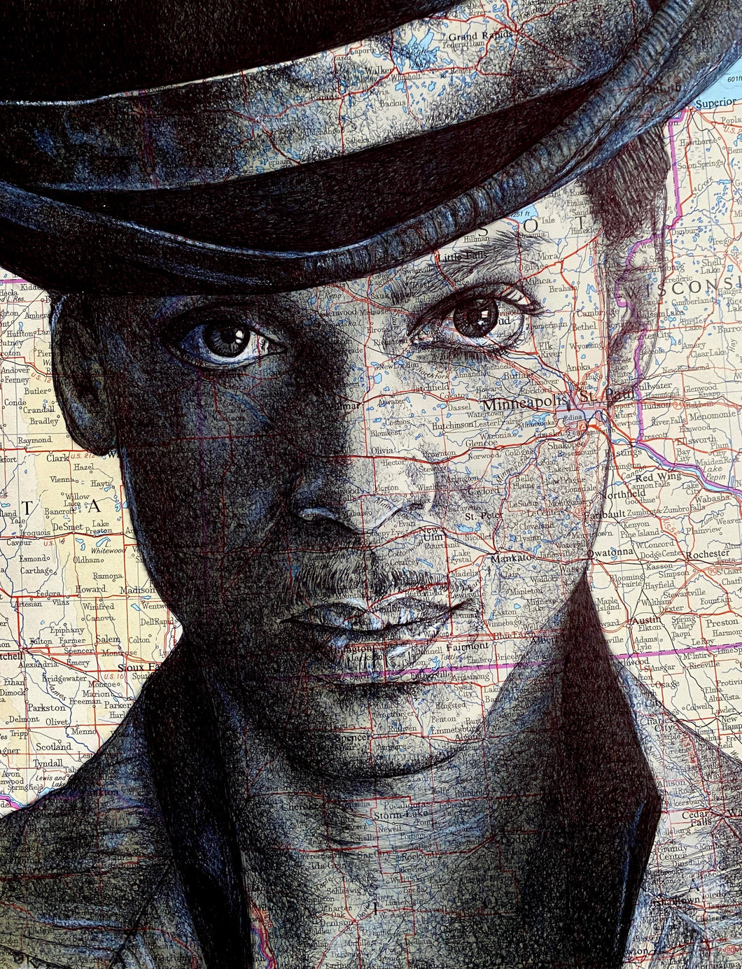 Prince Rogers Nelson Art Print. Pen Drawing Over Map of Minneapolis. A4 Unframed