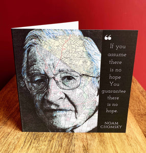 Noam Chomsky Greeting card. Printed drawing over map of Philadelphia. Blank inside