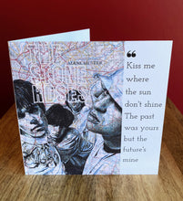 Load image into Gallery viewer, The Stone Roses Greeting Card. Printed drawing over map of Manchester. Blank
