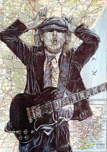 Angus Young/ AC/DC Portrait. Pen Drawing Over Maps. A4 Print Unframed