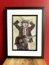 Load image into Gallery viewer, Angus Young/ AC/DC Portrait. Pen Drawing Over Maps. A4 Print Unframed
