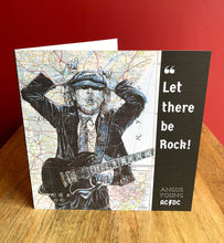 Load image into Gallery viewer, Angus Young AC/DC Greeting/ Birthday Card. Artwork over maps. Blank inside
