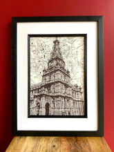Load image into Gallery viewer, Halifax Town Hall Art Print Over Vintage Map. A4 Unframed
