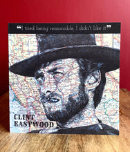 Load image into Gallery viewer, Clint Eastwood Greeting Card. Printed artwork over map of San Fransisco. Blank inside
