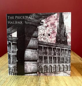 The Piece Hall, Halifax Greeting Card. Printed drawing over map.Blank inside.