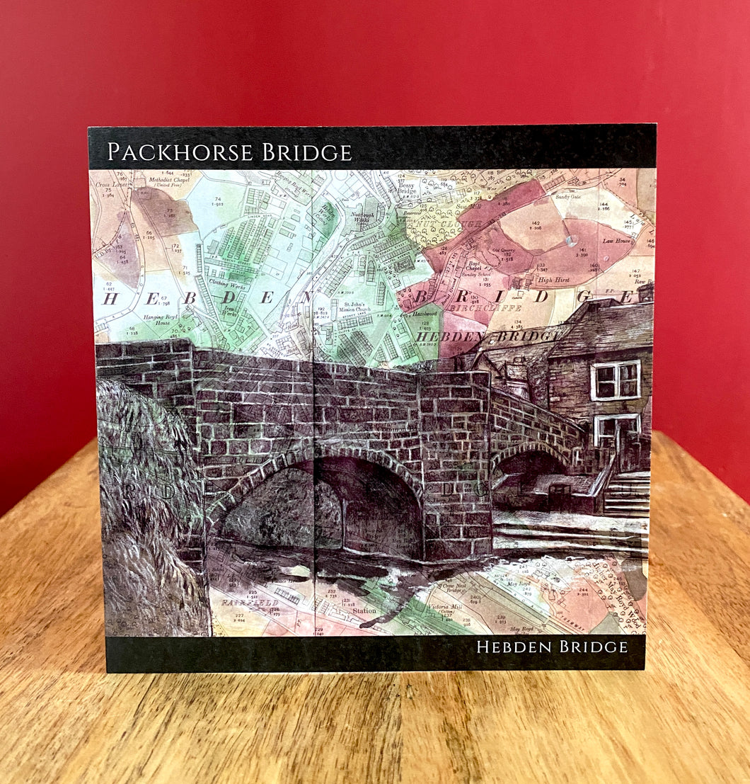 Packhorse Bridge, Hebden Bridge Greeting Card.Printed drawing over map. Blank inside.