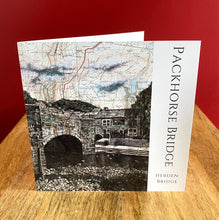 Load image into Gallery viewer, Packhorse Bridge Hebden Bridge Greeting Card. Pen Drawing Over Map. Blank inside
