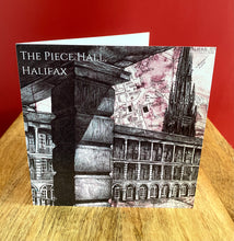 Load image into Gallery viewer, The Piece Hall, Halifax Greeting Card. Printed drawing over map.Blank inside.
