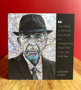 Leonard Cohen Greeting Card. Printed Pen Drawing Over Map Of Montreal, Canada. Blank Inside