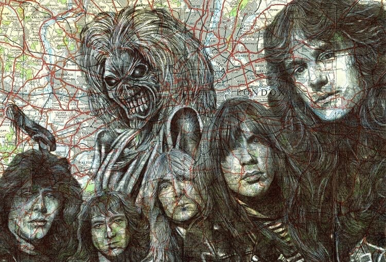 Iron Maiden Portrait Art Print. Pen Drawing Over Map. A4 Unframed